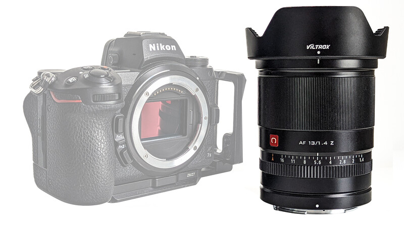 Nikon DSLR camera body next to Viltrox 13mm f/1.4 Z-mount lens with lens hood.