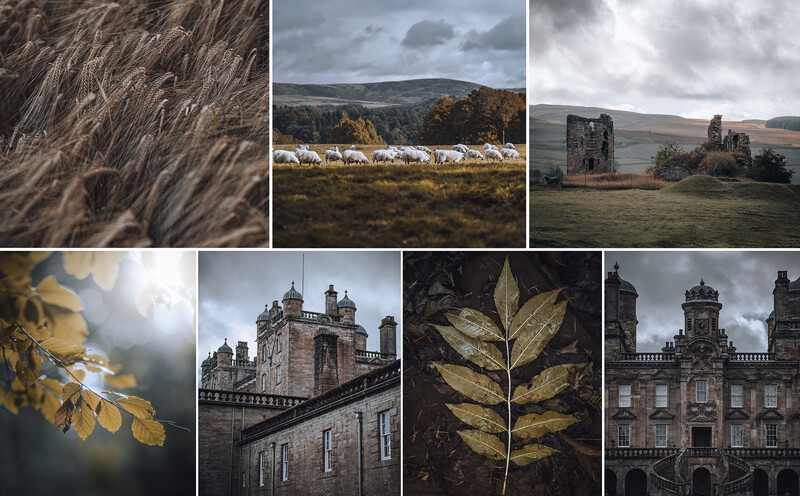 Moody Scottish landscape and architecture collage featuring castles, ruins, and natural details.