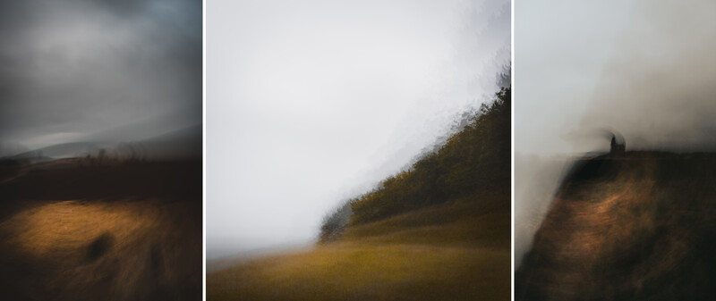 Three blurred landscape photographs with stormy skies and rolling hills in muted tones.