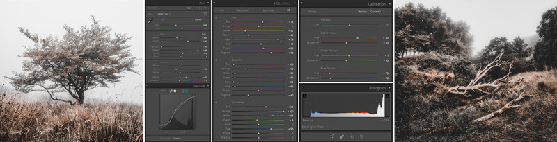 Screenshot of Lightroom's HSL and Calibration panels showing color and tone adjustments for landscape photography.