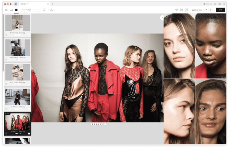 Group portrait of five diverse young women in red and black clothing against a white backdrop.