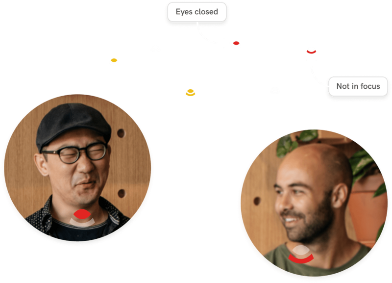 Screenshot of a face detection interface showing two portrait photographs with detection markers and status labels.