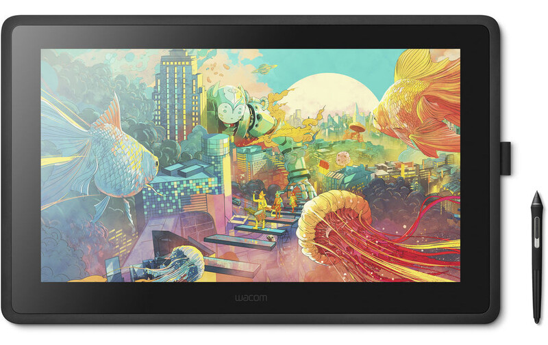 Wacom pen display tablet showing vibrant digital artwork with surreal cityscape and nature elements.