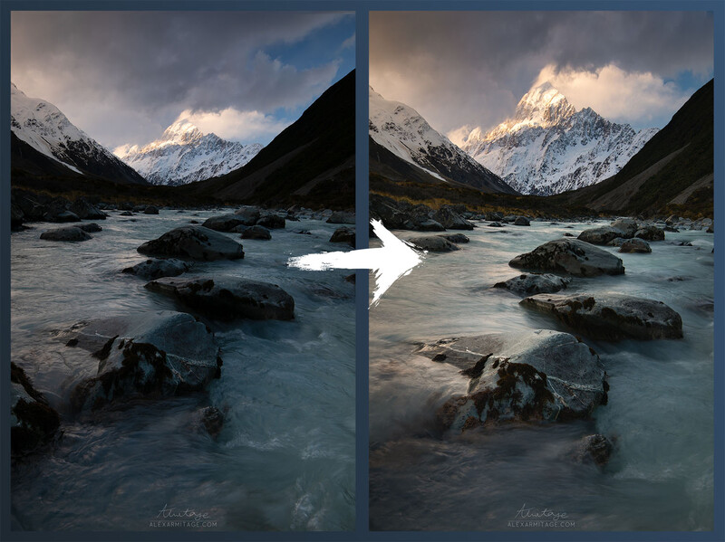 Before-and-after comparison of mountain landscape photography showing editing adjustments to sky and water tones.