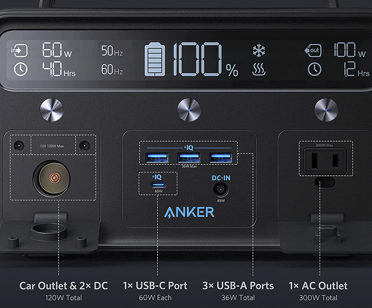 Screenshot of Anker power station control panel displaying battery level and port specifications.