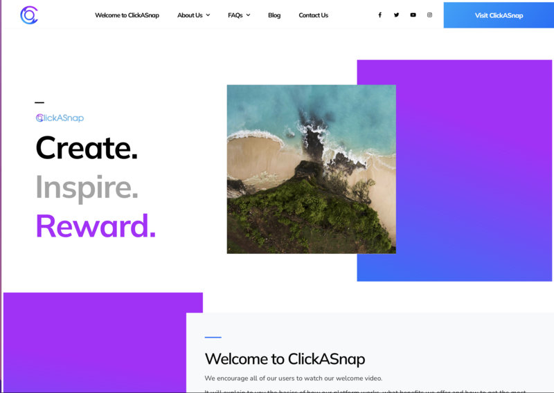 Screenshot of ClickASnap website homepage featuring layered geometric shapes and a landscape photograph.