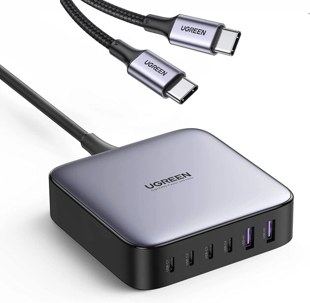 Ugreen USB-C charging hub with two attached cables on white background.