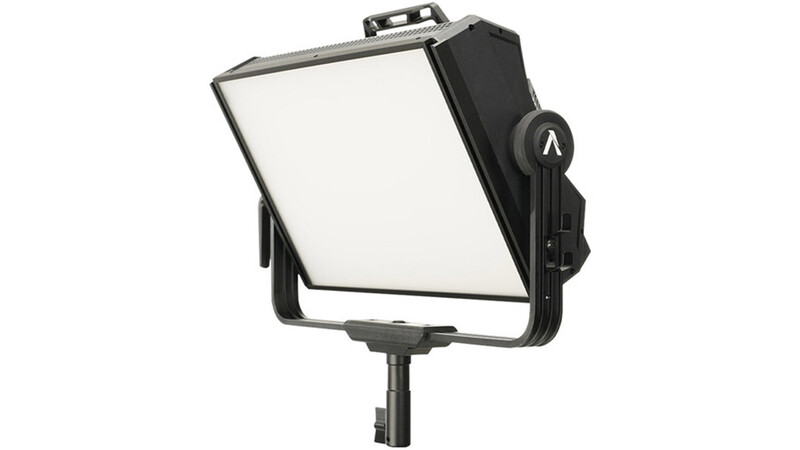 Black LED panel light with tilted diffusion screen and side arm mounted on stand.