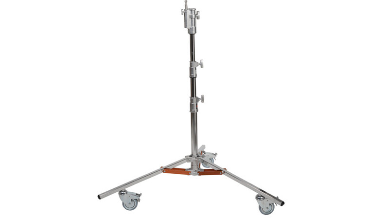Professional light stand with tripod base and wheeled feet on white background.