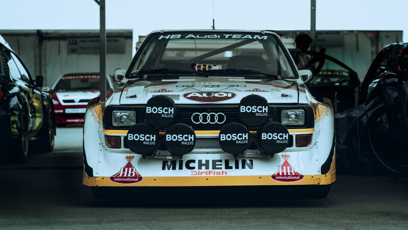The Audi S1 Quattro rally car sits in the paddock at Goodwood festival of speed.