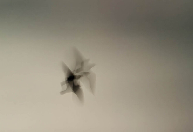 Abstract motion blur of a dark object spinning against a neutral beige background.