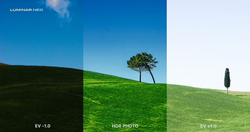 Comparison of three exposure renderings of a hillside landscape with trees under blue sky.