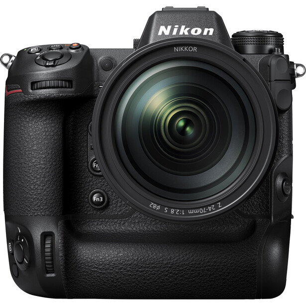 Nikon Z9 mirrorless camera with attached lens and battery grip, shown in studio lighting against a white background.