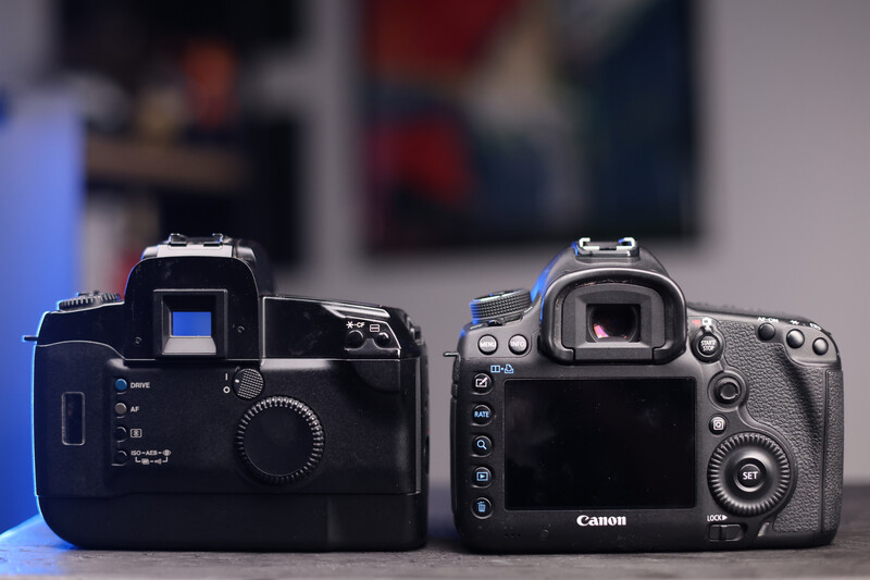 Canon EOS A2E side by side with an EOS 5D Mark III.