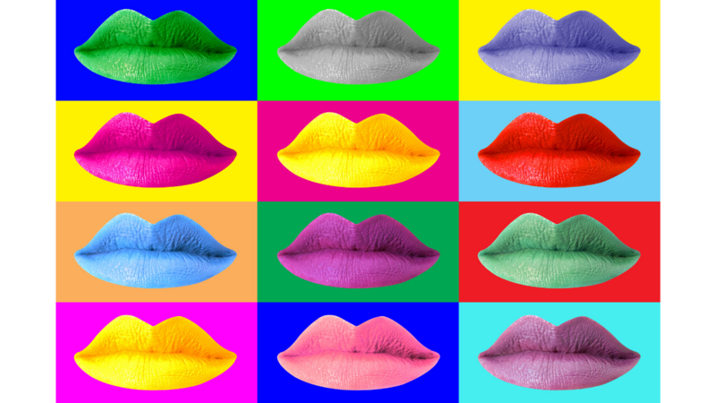 Pop art grid of twelve colorful lips in varying shades against solid backgrounds.