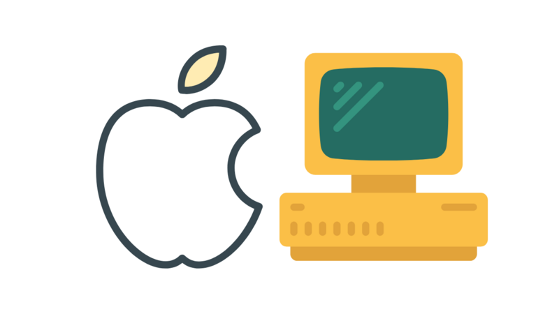Illustration comparing Apple logo with a vintage computer with green screen monitor.