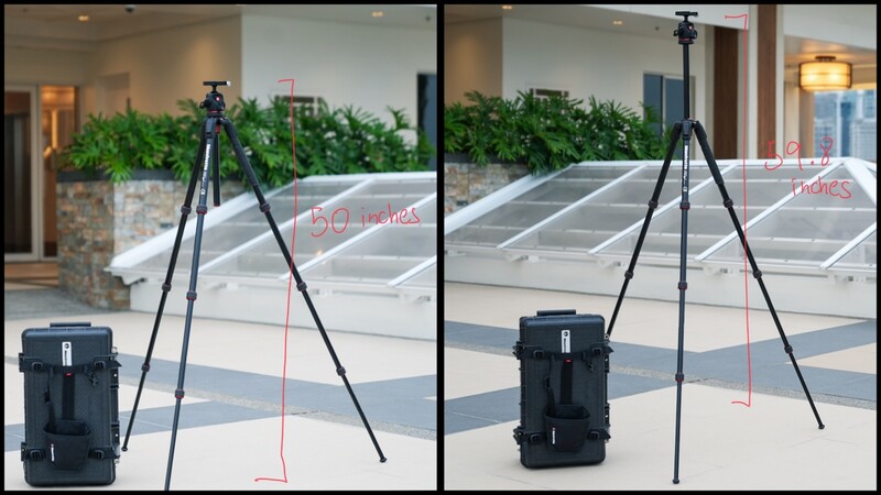 Laser level tripod setup demonstrated in two positions on an outdoor terrace with red laser lines visible.