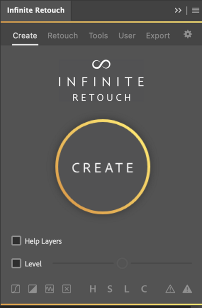 Screenshot of Infinite Retouch software interface with Create tab active and golden circle button.