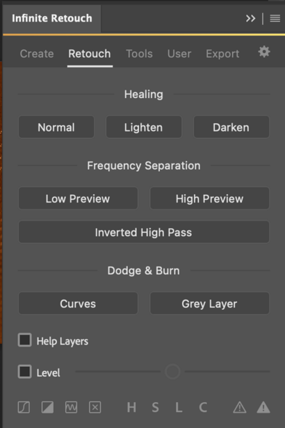Screenshot of Infinite Retouch plugin interface showing healing, frequency separation, and dodge & burn tools.