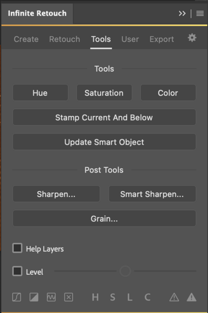 Screenshot of Infinite Retouch panel showing Tools menu with Hue, Saturation, Color, and Sharpen options.