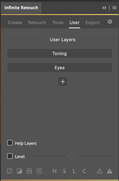Screenshot of Infinite Retouch software interface showing User Layers panel with Toning and Eyes sections.