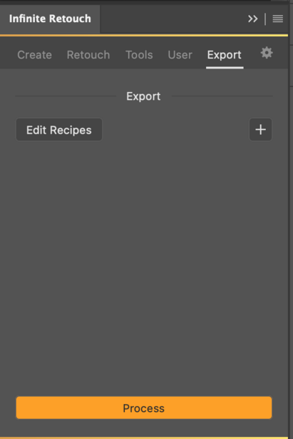 Screenshot of Infinite Retouch software export dialog with Edit Recipes section and Process button.