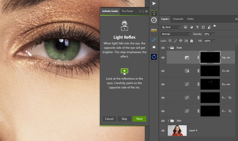Screenshot of portrait retouching software showing light reflex adjustment tool on a close-up eye image.