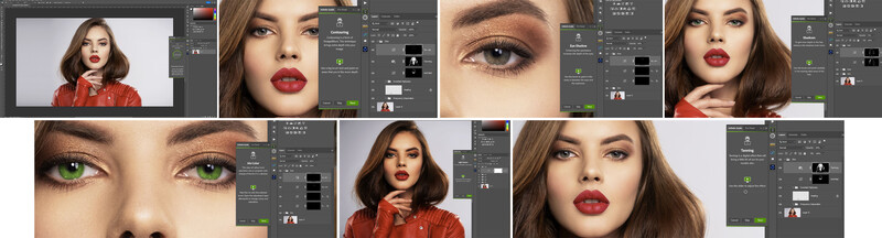 Screenshot grid showing portrait retouching workflow in Photoshop with before-and-after comparisons of beauty editing.