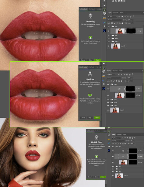Screenshot of beauty retouching workflow in Photoshop showing lip color editing across multiple image examples.