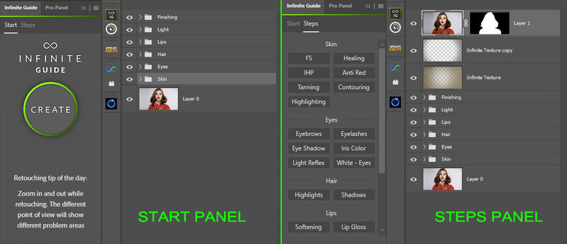 Screenshot of Infinite Guide Pro Panel showing skin retouching workflow with layer panels and adjustment options.