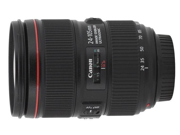 Canon EF 24-105mm f/4L IS USM zoom lens photographed against a white background.