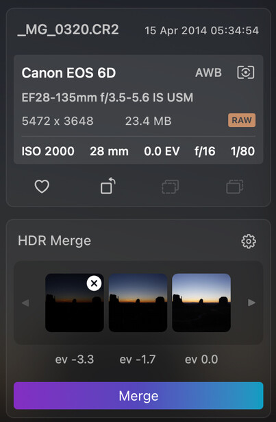 Screenshot of HDR merge preview in photography editing software with three exposure variants.