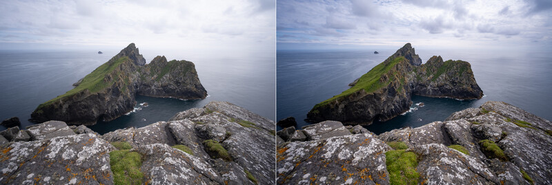 Dramatic coastal landscape with grassy sea cliffs overlooking rocky islands and calm ocean waters.