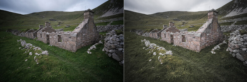 Side-by-side comparison of ruined stone building in moorland showing different editing approaches.
