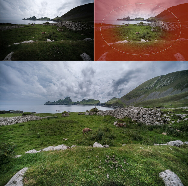 Coastal landscape with green meadow, rocky shoreline, and distant mountains under dramatic sky.