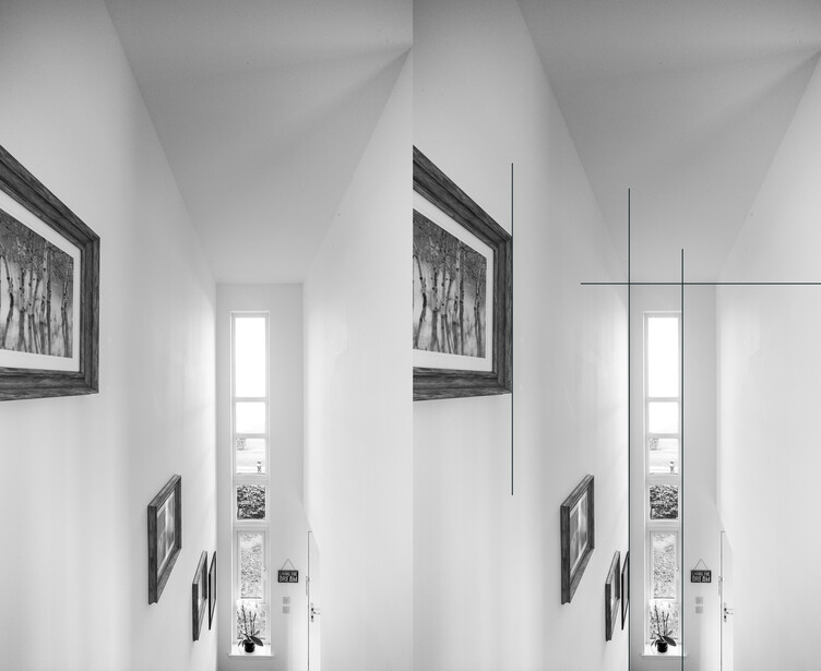 Split-screen comparison of a minimalist hallway with framed artwork, demonstrating before and after interior design or photography editing.