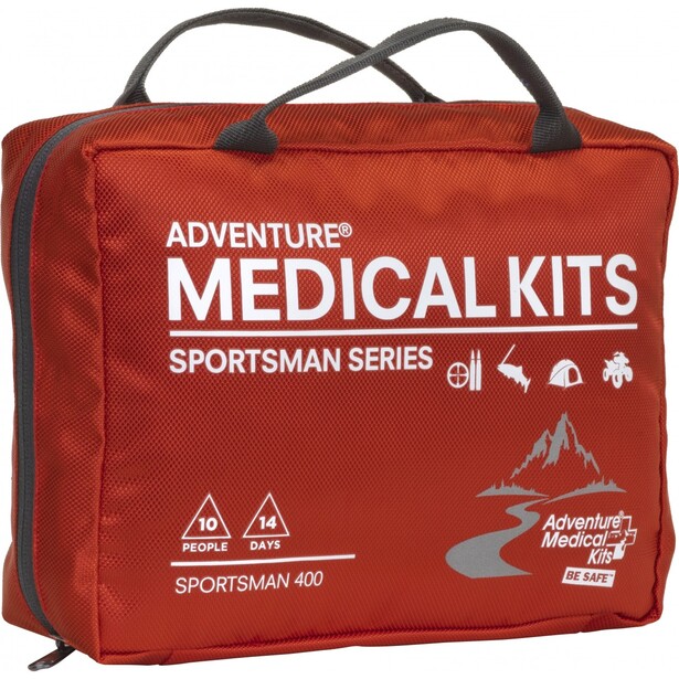 Red Adventure Medical Kits Sportsman 400 first aid kit with black handles and safety icons.