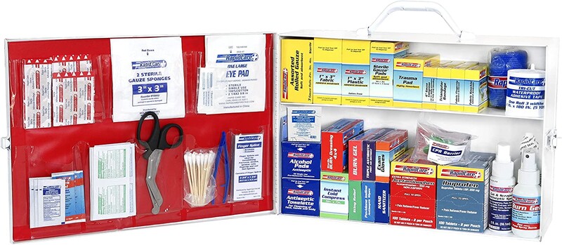 Two open first aid kits displaying medical supplies and emergency equipment organized in compartments.