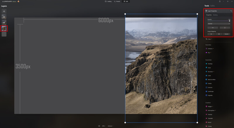 Screenshot of photo editing software showing a landscape image positioned on a 3500x6000px canvas.