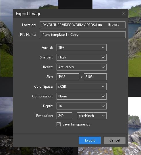 Screenshot of export dialog showing TIFF image settings with resolution, color space, and compression options.