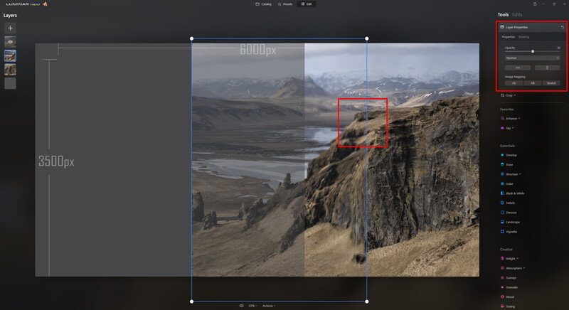 Screenshot of image editing software showing a landscape photograph with selection guides and adjustment panels.
