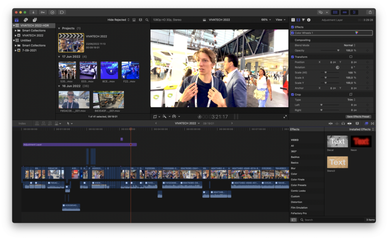 Screenshot of video editing software with timeline, media bins, and preview window displaying event footage.