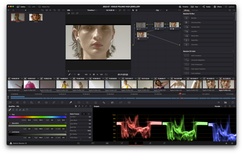 Screenshot of professional video editing software with color grading waveform monitor displayed.