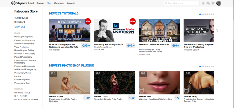 Screenshot of Fstoppers Store showing newest photography tutorials and Photoshop plugins with course thumbnails and pricing.