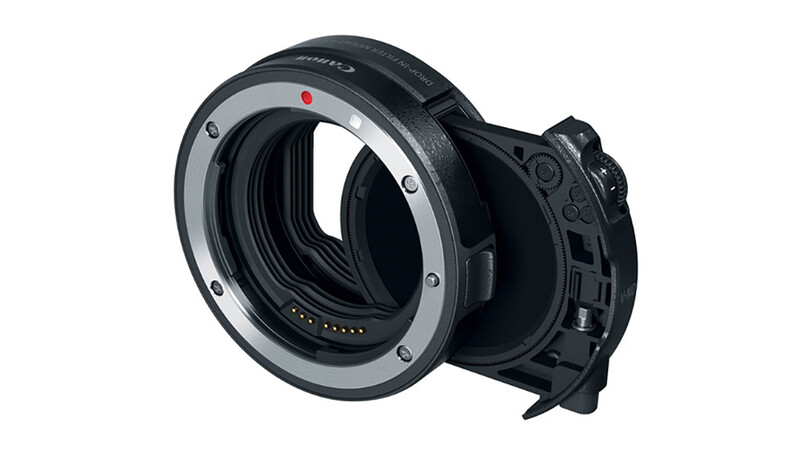 Canon EOS R mount adapter with electronic contacts and mechanical coupling mechanism.