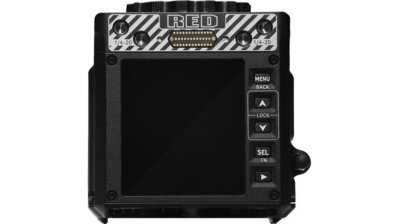 RED camera monitor with black frame and control buttons on right side.