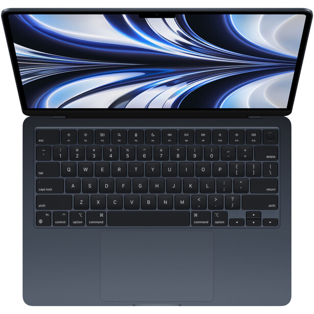 Laptop computer with dark blue chassis and keyboard displayed open, showing abstract blue and white swirl pattern on screen.