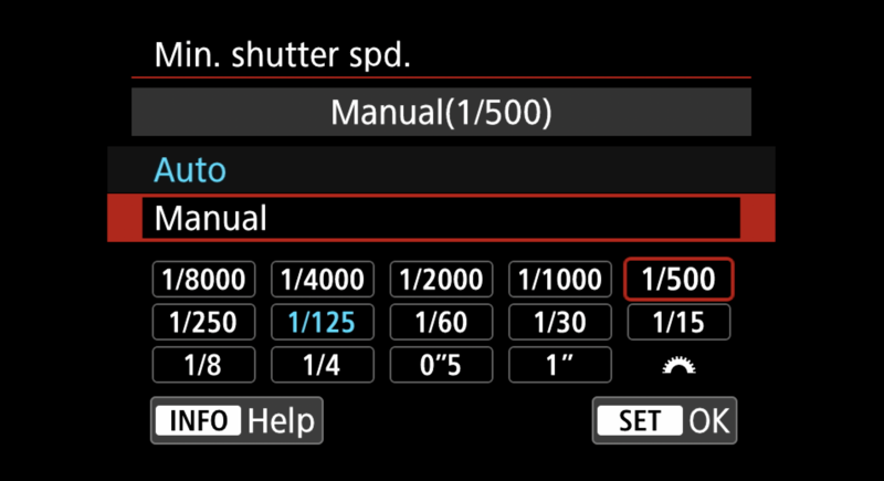 Screenshot of camera minimum shutter speed settings menu with manual and auto modes.