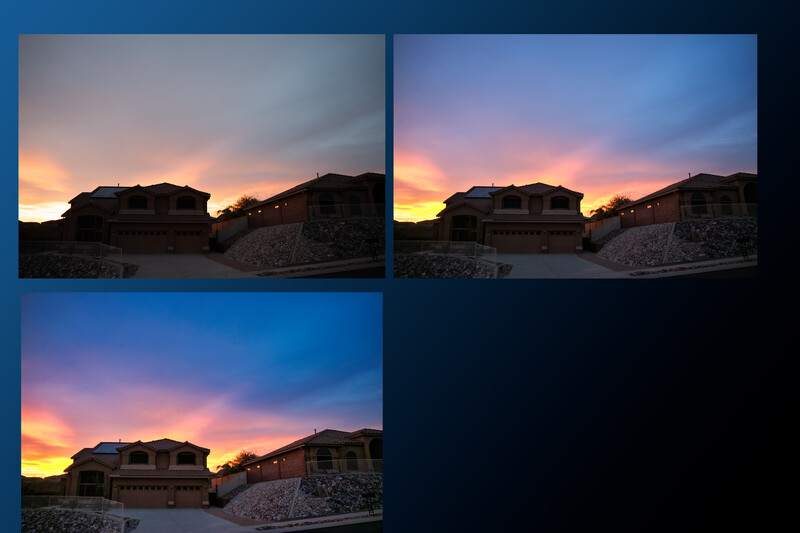 Three sunset photographs of ancient pyramid structures showing different color grading approaches.