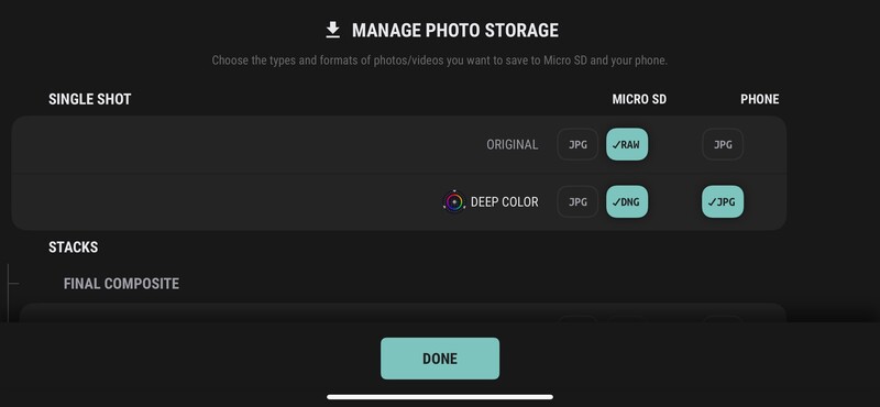 Screenshot of photo storage management interface with format selection options for single shots, stacks, and deep color processing.